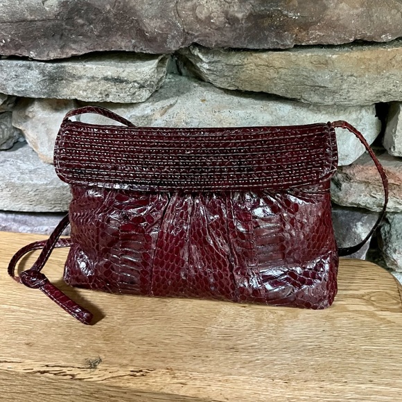 VTG Snakeskin Shoulder Bag Purse Clutch Cordovan Snake - Picture 3 of 10